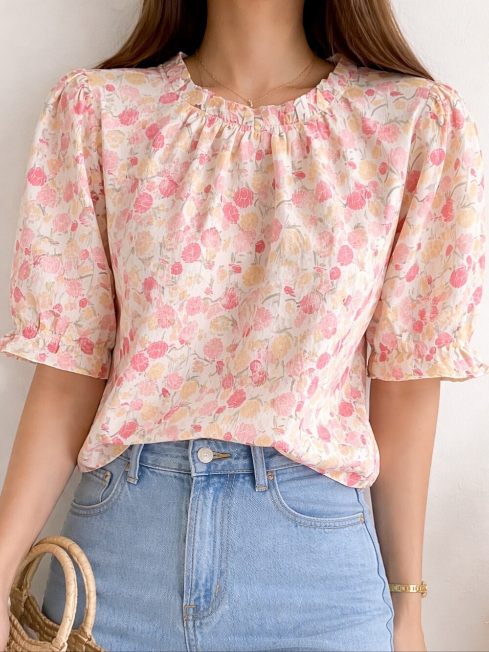 Floral Short Puff Sleeve Blouse XL